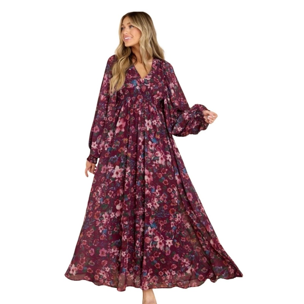 Aura Maxi Dress Colorful Floral XS V-Neck Empire Waist Balloon Sleeve Prairie - Picture 1 of 13